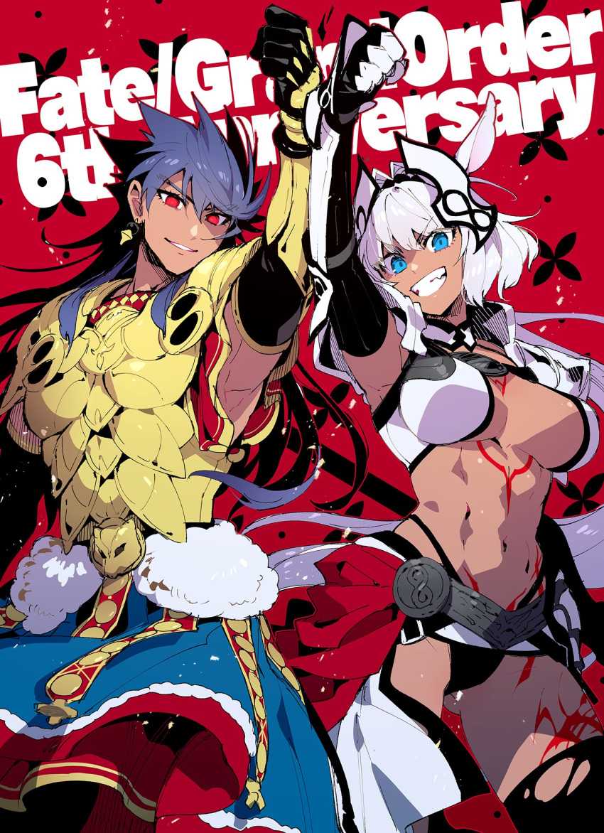 1boy 1girl abs animal_ears arm_up armor black_hair blue_eyes breasts caenis_(fate) earrings english_text eyebrows_visible_through_hair fate/grand_order fate_(series) headgear highres impossible_clothes jewelry koshiro_itsuki large_breasts looking_at_viewer ponytail red_eyes romulus_quirinus_(fate) sash short_hair tan tattoo thigh-highs white_hair