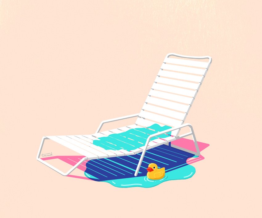 chair flat_color highres kk724 lounge_chair no_humans original rubber_duck shadow signature simple_background tan_background water