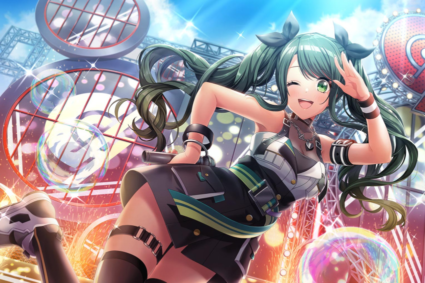 1girl arm_up blush breasts chain choker d4dj dress female green_eyes green_hair hand_on_hip long_hair one_eye_closed open_mouth shimizu_kiyoko smile solo source_request thigh_strap twintails upper_teeth wink