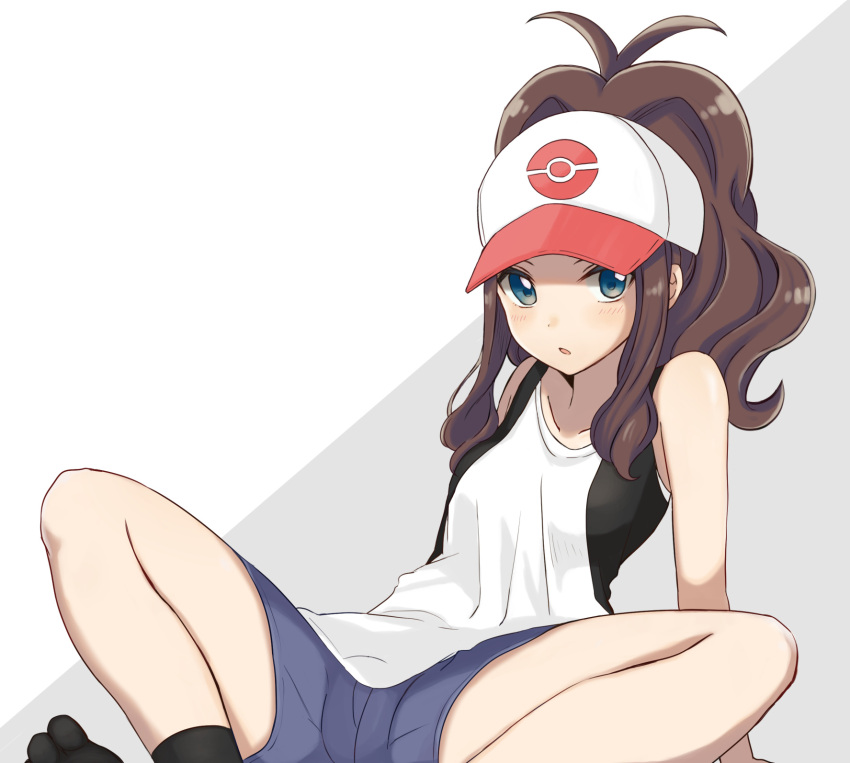1girl :o arm_support bangs bare_arms bare_shoulders baseball_cap black_legwear black_vest blue_eyes blue_shorts blush breasts brown_hair collarbone crotch denim denim_shorts hat high_ponytail highres hilda_(pokemon) leaning_back long_hair looking_at_viewer m_legs open_mouth poke_ball_print pokemon pokemon_(game) pokemon_bw ponytail print_headwear ririse shorts sidelocks sitting sleeveless small_breasts solo spread_legs tank_top vest white_background