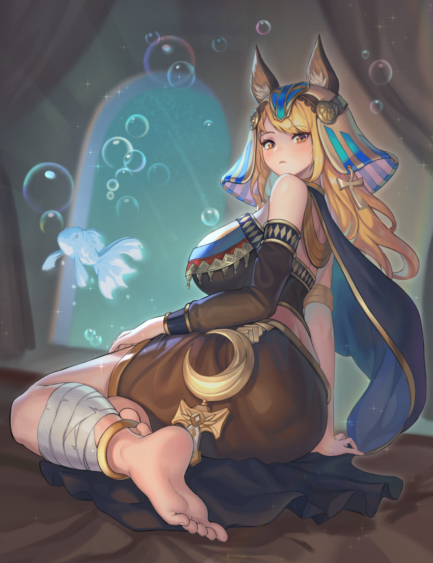 1girl absurdres animal_ears ankh bare_shoulders barefoot breasts bubble detached_sleeves egyptian egyptian_clothes eyebrows_visible_through_hair feet fish fish_request full_body highres large_breasts looking_at_viewer moonandmist original sitting soles solo toes wariza