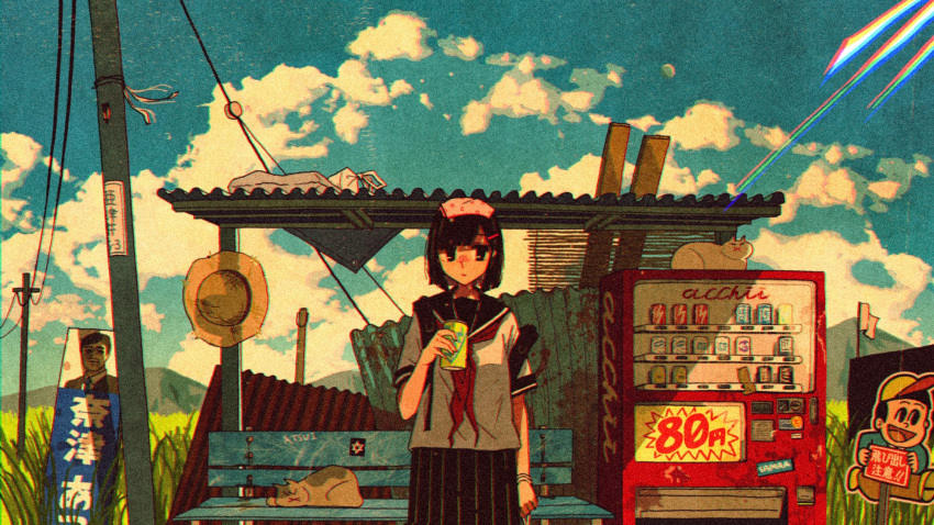 1girl :x awakumo backpack bag bench black_eyes black_hair black_sailor_collar black_skirt blue_sky brown_cat bug can cat chromatic_aberration closed_mouth clouds commentary_request corrugated_galvanised_iron_sheet day film_grain grass hair_ornament hairclip hand_up handkerchief hat hat_removed headwear_removed highres holding holding_can insect looking_at_viewer mountain neckerchief original outdoors pleated_skirt power_lines red_neckwear romaji_text sailor_collar shirt short_hair short_sleeves sign skirt sky solo standing straight-on strap_slip straw_hat translation_request utility_pole vending_machine white_cat white_serafuku white_shirt