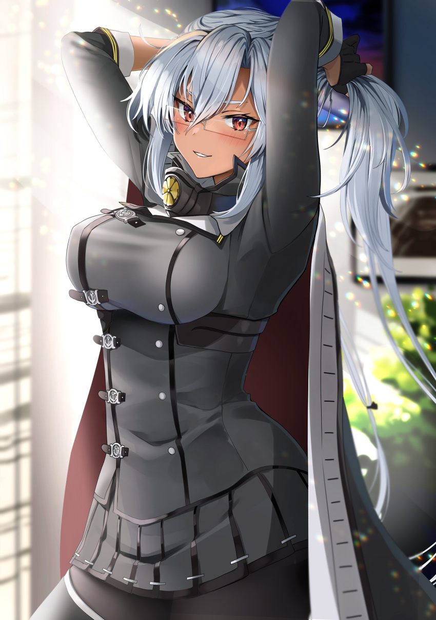 1girl absurdres adjusting_hair black_gloves blush breasts cape dark_skin glasses gloves grey_jacket grey_skirt hair_between_eyes highres indoors jacket kantai_collection large_breasts long_hair long_sleeves looking_at_viewer musashi_(kancolle) pants rectangular_eyewear red_eyes remodel_(kantai_collection) silver_hair skirt smile solo yunamaro