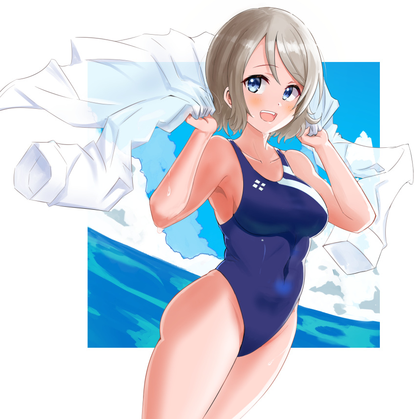 1girl :d absurdres bare_shoulders blue_eyes blue_swimsuit breasts brown_hair clothes_removed clouds cloudy_sky collarbone competition_swimsuit ereka grey_hair highleg highres love_live! love_live!_sunshine!! medium_breasts medium_hair navel ocean one-piece_swimsuit open_mouth sky smile swimsuit teeth watanabe_you