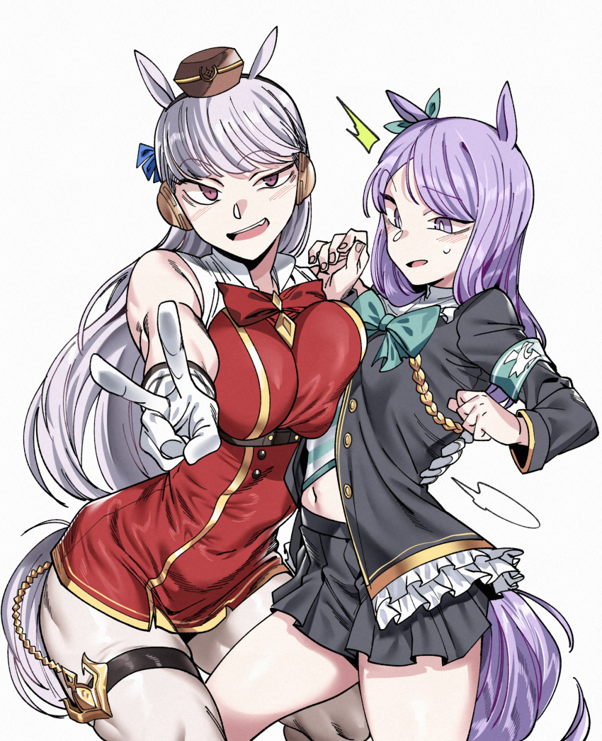 2girls armband breasts ear_ribbon gold_ship_(umamusume) highres horse_girl horse_tail light_purple_hair long_hair looking_at_viewer mejiro_mcqueen_(umamusume) midriff multiple_girls navel pleated_skirt red_eyes silver_hair skirt tail thighs umamusume urec v violet_eyes white_hair