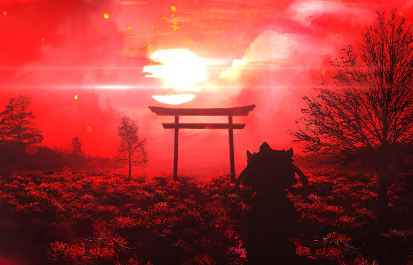 1girl akyuun bare_tree clouds diffraction_spikes english_commentary engrish_commentary field flower flower_field highres petals photoshop_(medium) red_sky red_theme scenery shiki_eiki silhouette sky solo spider_lily sun torii touhou tree upper_body