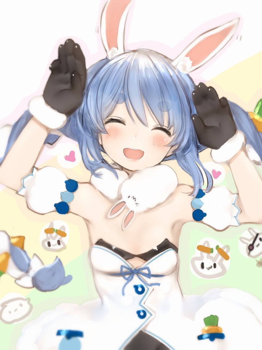 1girl :d animal_ears black_gloves blue_hair blush bow braid breasts bunny_pose detached_sleeves don-chan_(usada_pekora) dress facing_viewer gloves hair_bow hands_up highres hololive long_hair looking_at_viewer nanashi_(nlo) nijisanji open_mouth puffy_detached_sleeves puffy_short_sleeves puffy_sleeves rabbit_ears short_eyebrows short_sleeves simple_background small_breasts smile solo strapless strapless_dress thick_eyebrows twin_braids upper_teeth usada_pekora white_background white_dress