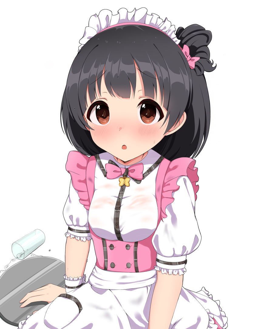absurdres alternate_costume apron black_hair breasts brown_eyes chestnut_mouth cup drinking_glass enmaided ggim_(kdnx8758) highres idolmaster idolmaster_million_live! idolmaster_million_live!_theater_days looking_at_viewer maid maid_apron maid_headdress nakatani_iku short_hair small_breasts solo spill tray wet wet_clothes white_apron white_background