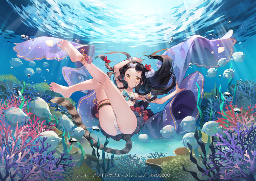 1girl ass bare_legs barefoot bikini black_hair braid character_request hair_ornament long_hair looking_at_viewer multicolored_hair red:_pride_of_eden shinia solo swimsuit tail thigh_strap toes two-tone_hair underwater white_hair yellow_eyes