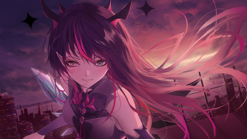 1girl absurdres bangs blue_eyes breasts city detached_sleeves english_commentary eyebrows_behind_hair floating_hair hair_behind_ear heterochromia highres hololive hololive_english horns irys_(hololive) long_hair looking_at_viewer medium_breasts pointy_ears purple_hair smile solo turbulence violet_eyes virtual_youtuber water