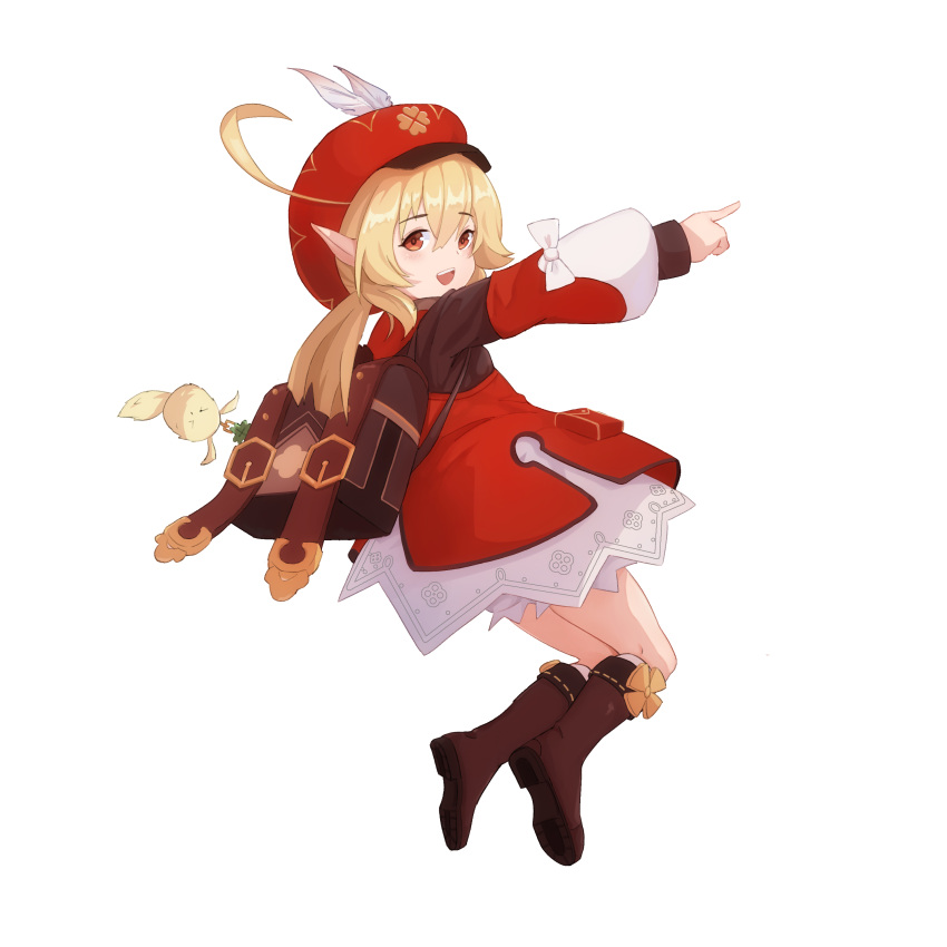 1girl :d absurdres ahoge backpack bag bag_charm bangs blonde_hair boots brown_footwear brown_gloves cabbie_hat charm_(object) clover_print coat commentary_request dodoco_(genshin_impact) eyebrows_visible_through_hair full_body genshin_impact gloves hair_between_eyes hat hat_feather hat_ornament highres kaishin_(1317732685) klee_(genshin_impact) knee_boots kneehighs long_hair long_sleeves looking_at_viewer low_twintails open_mouth pocket pointing pointy_ears randoseru red_coat red_eyes red_headwear sidelocks simple_background smile solo twintails white_background