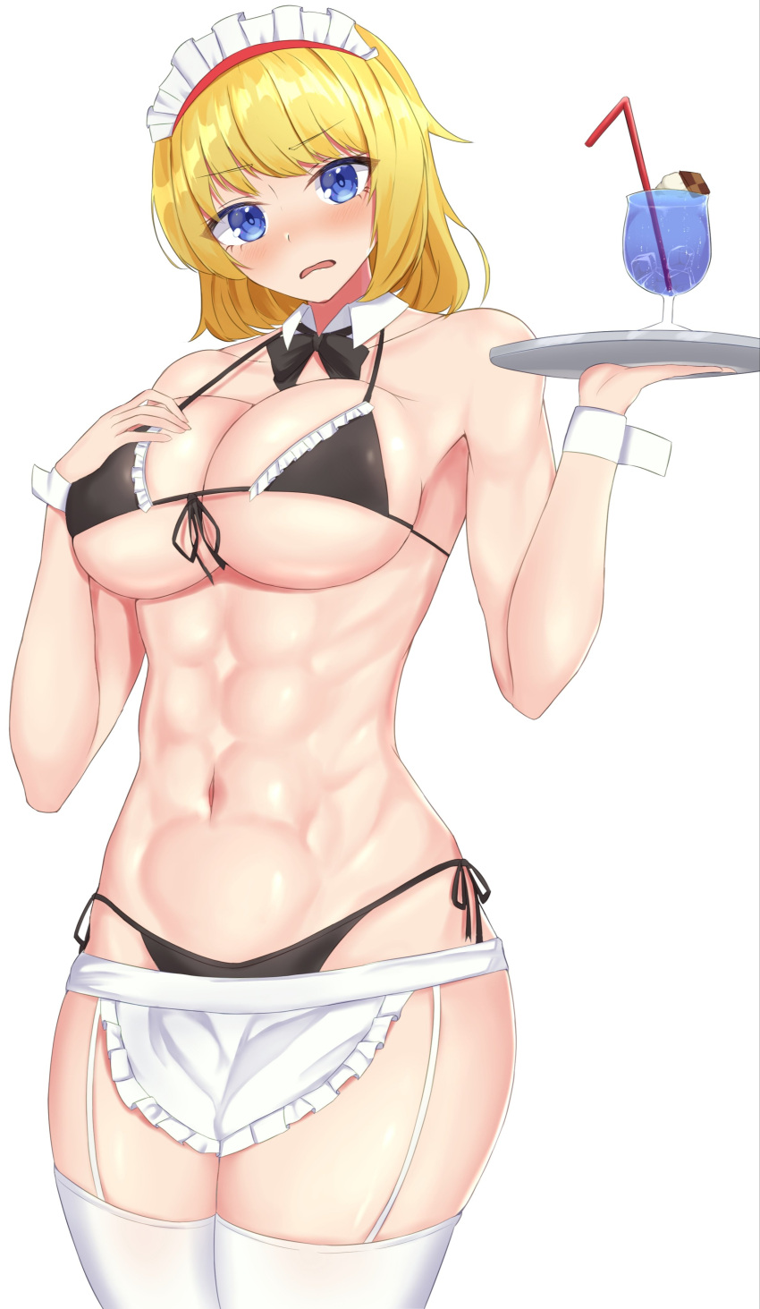 1girl abs absurdres alice_margatroid alternate_costume bangs bikini black_bikini black_bow black_neckwear blonde_hair blue_eyes blush bow bowtie breasts cocktail commentary_request cookie_(touhou) cowboy_shot detached_collar drinking_straw enmaided garter_straps highres holding holding_tray ikikiksgiksg large_breasts looking_at_viewer maid maid_bikini maid_headdress muscular muscular_female open_mouth sakuranbou_(cookie) short_hair side-tie_bikini simple_background solo swimsuit thigh-highs touhou tray white_background white_legwear wrist_cuffs