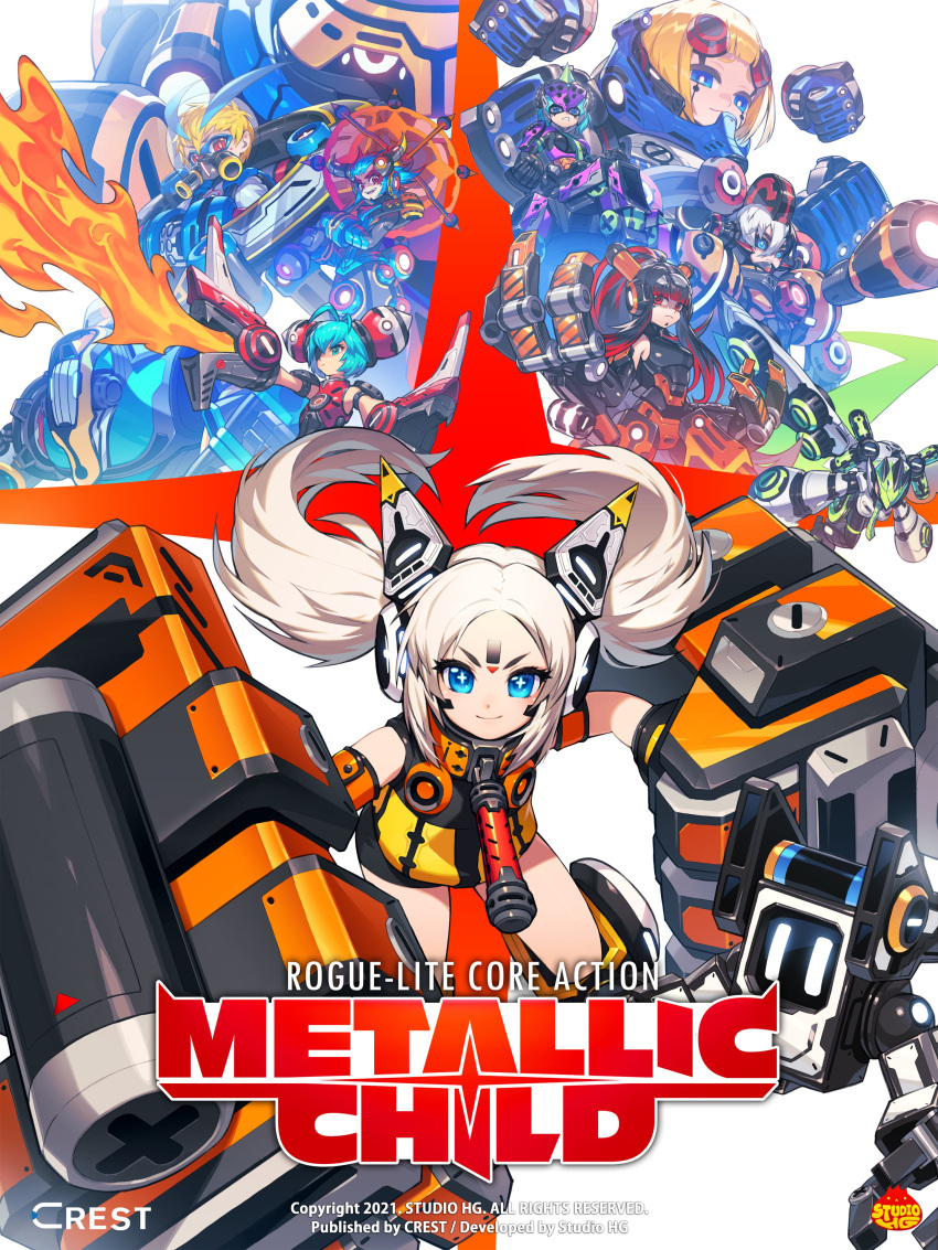 +_+ 3boys 5girls absurdres ahoge aqua_eyes bangs black_hair blonde_hair blue_eyes blue_hair blunt_bangs breasts character_request clenched_hands copyright_name cover forehead game_cover hair_behind_ear hair_between_eyes hichi highres korean_commentary logo mask mecha mecha_danshi mecha_musume medium_breasts metallic_child mouth_mask multicolored_hair multiple_boys multiple_girls official_art one_eye_covered power_armor red_eyes redhead robot rona_(metallic_child) science_fiction scowl short_hair smile smug streaked_hair twintails v-shaped_eyebrows white_eyes white_hair
