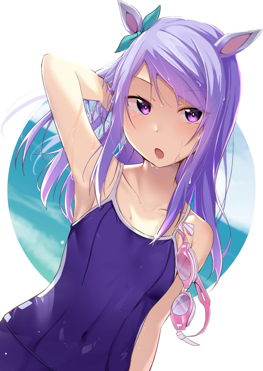 1girl animal_ears arm_behind_back arm_up bangs bare_shoulders blush breasts cac_itinose collarbone commentary_request covered_navel day dutch_angle goggles goggles_removed highres horse_ears long_hair mejiro_mcqueen_(umamusume) one-piece_swimsuit open_mouth purple_hair purple_swimsuit revision small_breasts solo swept_bangs swimsuit umamusume upper_body violet_eyes wet wet_hair