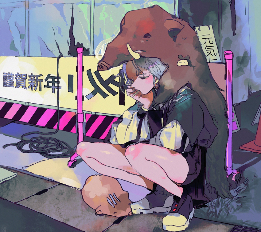 1girl animal_on_head bare_legs black_footwear black_jacket black_shorts boar commentary dobunomeme grass hand_on_own_chin highres jacket long_hair on_head original outdoors road shoes short_shorts shorts silver_hair smoke smoking solo squatting street white_jacket