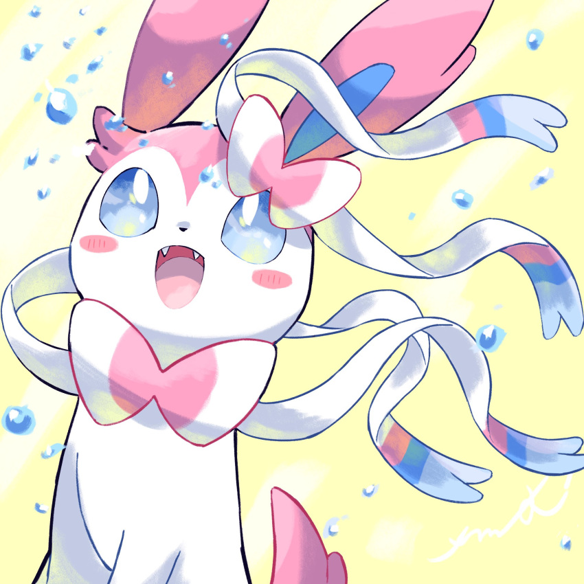 :d blue_eyes blush_stickers commentary_request fangs gen_6_pokemon highres looking_up no_humans open_mouth pokemon pokemon_(creature) smile solo surumeika_(ninfiiiir) sylveon tongue water_drop