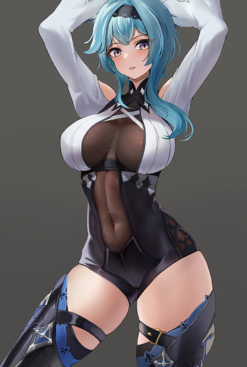 1girl absurdres arms_behind_head arms_up bangs black_background black_legwear black_leotard blue_hair breasts commentary_request covered_navel dylanlin eula_(genshin_impact) eyebrows_visible_through_hair genshin_impact grey_eyes hair_between_eyes hair_ornament hairband highres large_breasts leotard long_hair long_sleeves looking_at_viewer parted_lips sidelocks simple_background smile solo thigh-highs zettai_ryouiki