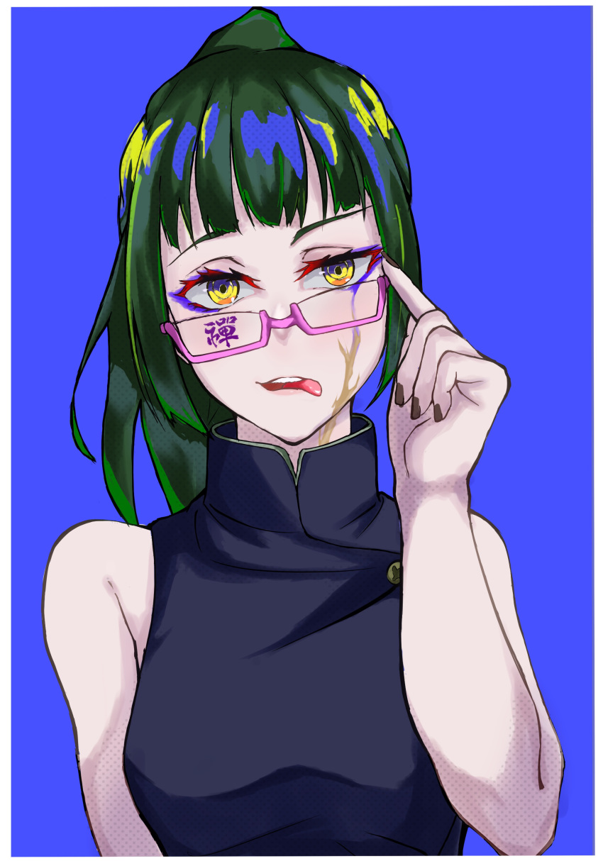 1girl absurdres bangs blood breasts glasses green_hair hands highres holding jujutsu_kaisen kaorunnrunn1904 long_hair looking_at_viewer open_mouth ponytail smile solo tongue tongue_out yellow_eyes zen'in_maki