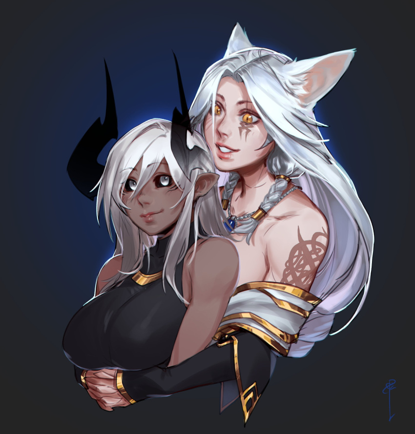 2girls absurdres aiko_(less) animal_ears bangs bare_shoulders black_background black_sclera blue_background braid breasts collarbone colored_sclera commission cropped_torso dark-skinned_female dark_skin demon_girl demon_horns elbow_gloves facial_mark fox_ears gloves gradient gradient_background grey_eyes hair_between_eyes highres horns hug hug_from_behind jewelry large_breasts less lips long_hair long_sleeves multiple_girls necklace original parted_lips pointy_ears smile tattoo teeth upper_body