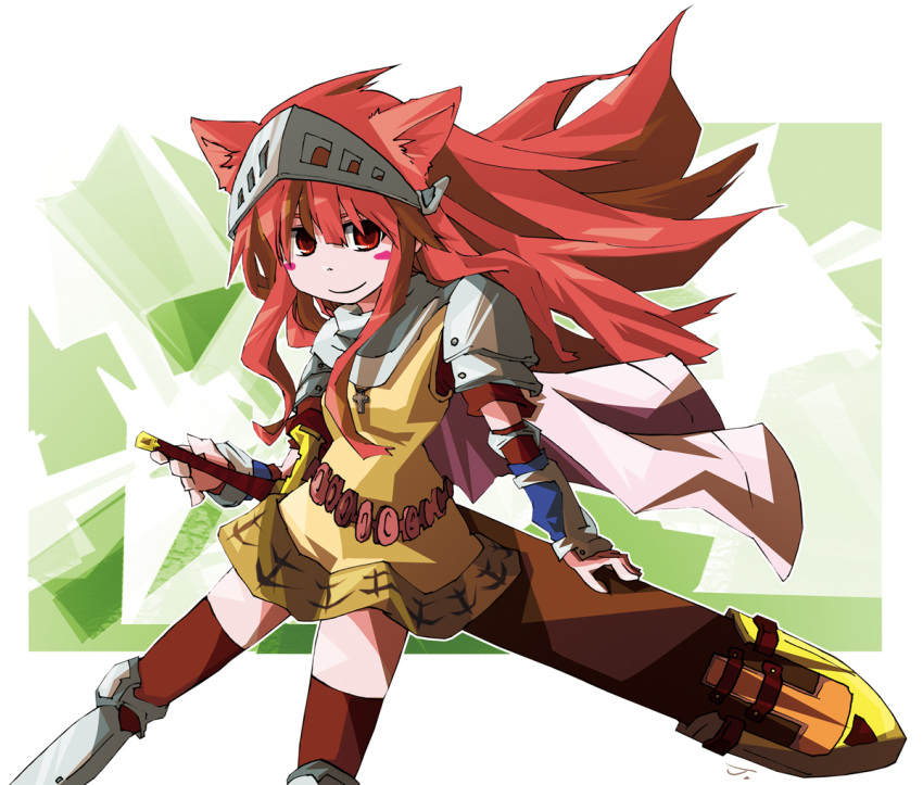 1girl animal_ears armor armored_boots bangs blush_stickers boots breastplate brown_cape brown_legwear cape cat_ears closed_mouth commentary_request cross feet_out_of_frame greatsword holding holding_sword holding_weapon kneehighs knight_(ragnarok_online) long_hair looking_at_viewer pauldrons pekomaru ragnarok_online red_eyes redhead scabbard sheath shoulder_armor smile solo sword vambraces visor_(armor) weapon