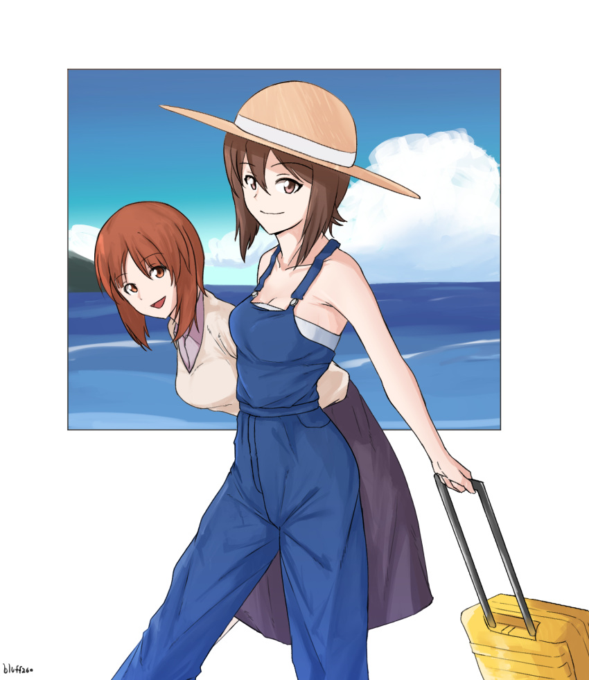 2girls bangs blue_overalls blue_sky bluff260 briefcase brown_eyes brown_hair brown_headwear casual closed_mouth clouds cloudy_sky commentary day eyebrows_visible_through_hair girls_und_panzer hat highres holding horizon leaning_forward looking_at_viewer medium_hair medium_skirt multiple_girls nishizumi_maho nishizumi_miho ocean open_mouth outdoors outside_border overalls purple_skirt shirt short_hair siblings sisters skirt sky smile strapless strapless_shirt sun_hat v-neck white_shirt