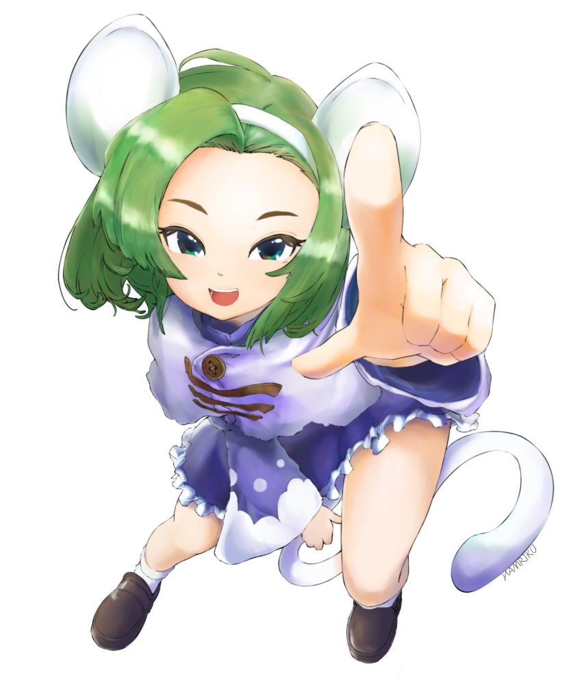 1girl animal_ears brave_fencer_musashiden capelet dress full_body green_eyes green_hair hairband hamriku highres looking_at_viewer mouse_ears mouse_girl mouse_tail open_mouth purple_capelet short_hair simple_background smile solo tail topo_(musashiden) white_background