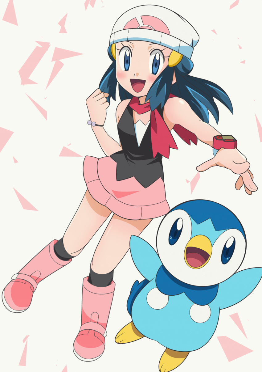 1girl :d beanie blue_eyes blue_hair blush boots bracelet clenched_hand commentary hikari_(pokemon) eyelashes floating_hair gen_4_pokemon hainchu hat highres jewelry kneehighs long_hair looking_at_viewer open_mouth outstretched_arm pink_footwear pink_skirt piplup pokemon pokemon_(anime) pokemon_(creature) pokemon_dppt_(anime) scarf shirt skirt sleeveless sleeveless_shirt smile tongue white_headwear