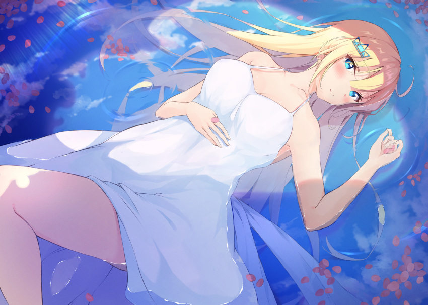 1girl absurdres blonde_hair blue_eyes blush breasts closed_mouth dress hair_ornament hairclip halter_dress halterneck highres huge_filesize huion large_breasts long_hair looking_at_viewer lying original petals short_dress sleeveless sleeveless_dress smile solo spaghetti_strap straight_hair sundress taracomax water white_dress