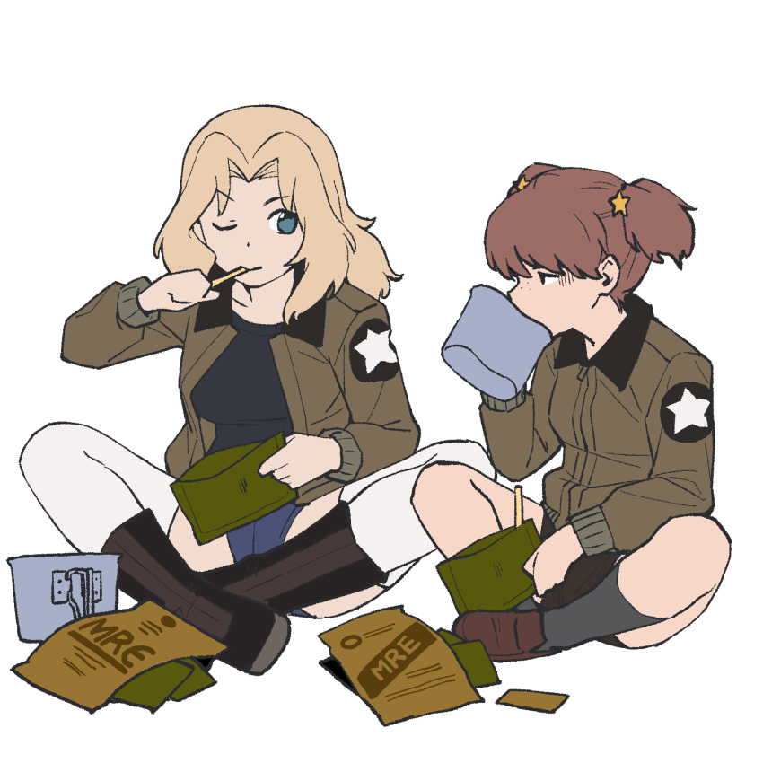 2girls alisa_(girls_und_panzer) bangs black_footwear black_shirt black_shorts blonde_hair blue_eyes blue_shorts boots brown_eyes brown_hair brown_jacket commentary cup eating emblem freckles girls_und_panzer grey_legwear hair_intakes hair_ornament half-closed_eyes highres holding indian_style jacket kay_(girls_und_panzer) loafers long_hair long_sleeves looking_at_viewer military military_uniform mre multiple_girls one_eye_closed onsen_tamago_(hs_egg) open_clothes open_jacket pouch saunders_military_uniform shirt shoes short_hair short_shorts short_twintails shorts side-by-side simple_background sitting socks star_(symbol) star_hair_ornament thigh-highs twintails uniform white_background white_legwear