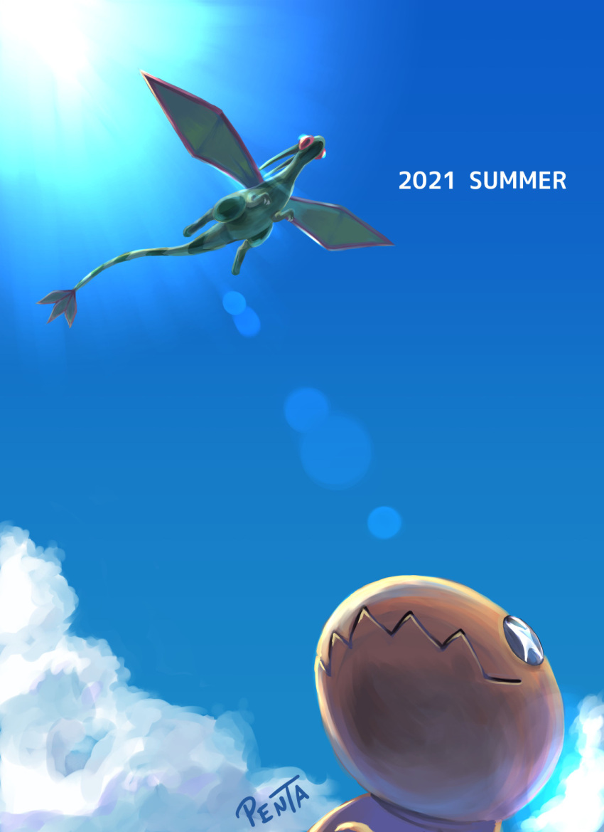 +_+ claws closed_mouth clouds commentary_request day flygon flying from_below gen_3_pokemon highres lens_flare no_humans outdoors penta_oekaki pokemon pokemon_(creature) signature sky trapinch wavy_mouth