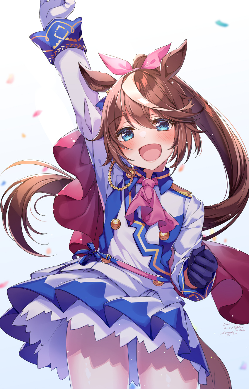 1girl :d animal_ears arm_up ascot asymmetrical_gloves black_gloves blue_eyes blue_jacket blue_skirt blush brown_hair buttons cape clenched_hand double-breasted epaulettes furude_rika gloves hair_flaps high_ponytail highres horse_ears horse_girl horse_tail jacket kashiba_aira long_hair long_sleeves looking_at_viewer miniskirt mismatched_gloves multicolored_hair open_mouth pink_neckwear pink_ribbon pleated_skirt red_cape ribbon single_epaulette skirt smile solo streaked_hair tail tokai_teio_(umamusume) two-tone_hair two-tone_jacket two-tone_skirt umamusume victory_pose white_gloves white_hair white_jacket white_skirt