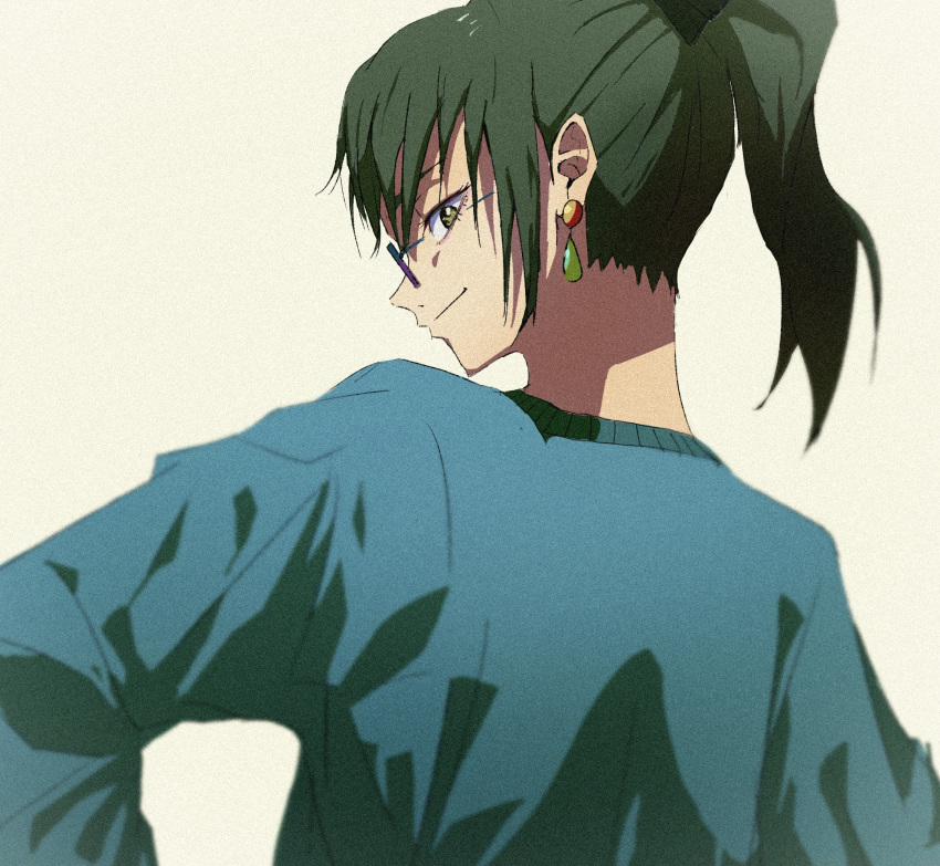 1girl bacl bangs closed_mouth earrings glasses green_hair highres illust2002 jewelry jujutsu_kaisen long_hair long_sleeves looking_at_viewer ponytail simple_background smile solo sweater yellow_eyes zen'in_maki