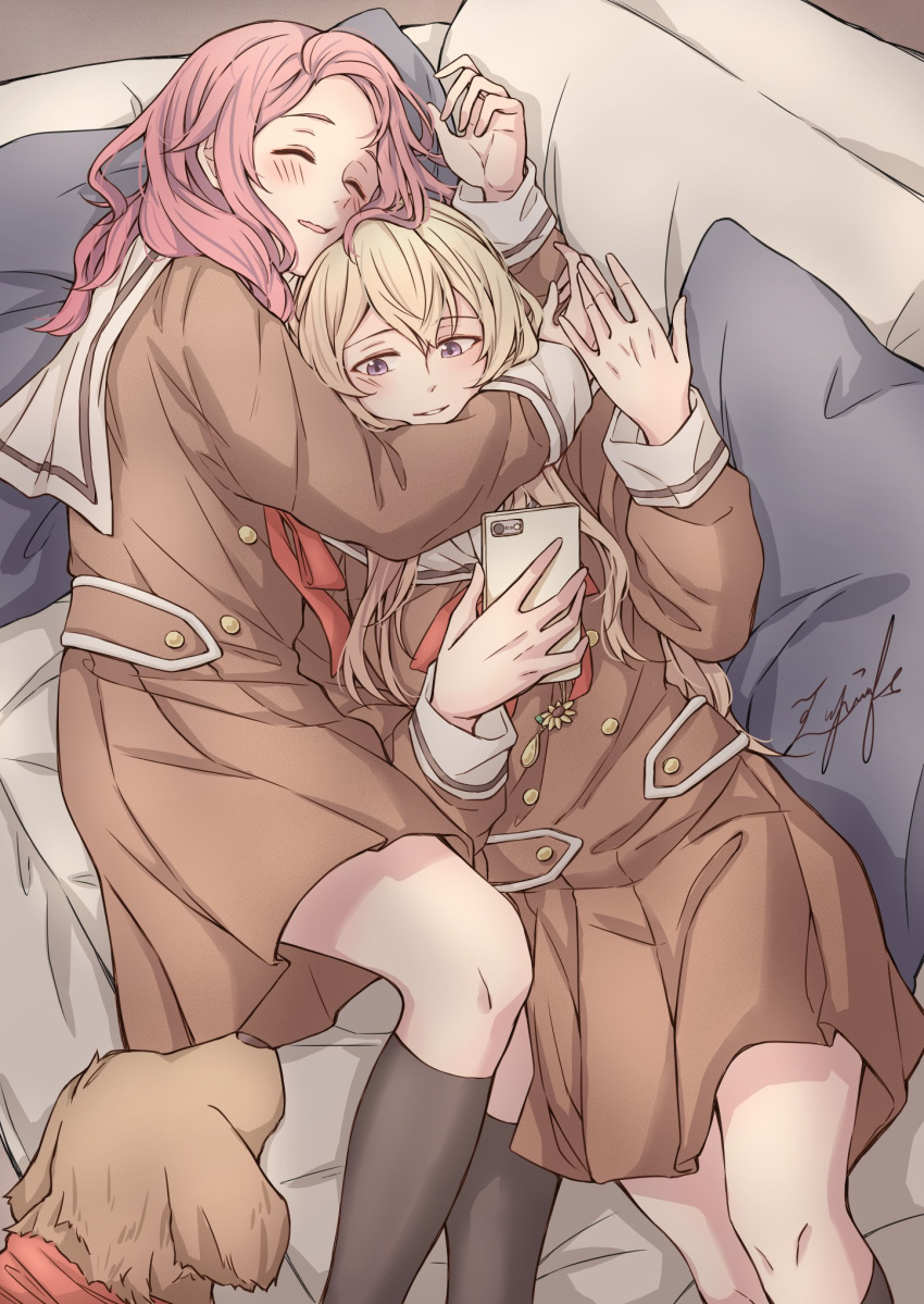 2girls aiiro_bokujuu bang_dream! cellphone closed_eyes couch dog highres hug long_hair lying maruyama_aya multiple_girls on_couch phone pink_hair school_uniform shirasagi_chisato sleeping smartphone yuri