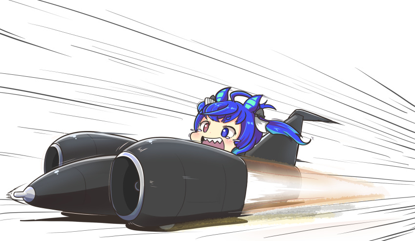 1girl ahoge animal_ears blue_eyes blue_hair car commentary crying crying_with_eyes_open flying_teardrops green_hair ground_vehicle heterochromia highres horse_ears horse_girl jet_engine motion_blur motion_lines motor_vehicle multicolored_hair pun red_eyes sakusan sharp_teeth solo tears teeth thrust_ssc trait_connection twin_turbo_(umamusume) twintails two-tone_hair umamusume