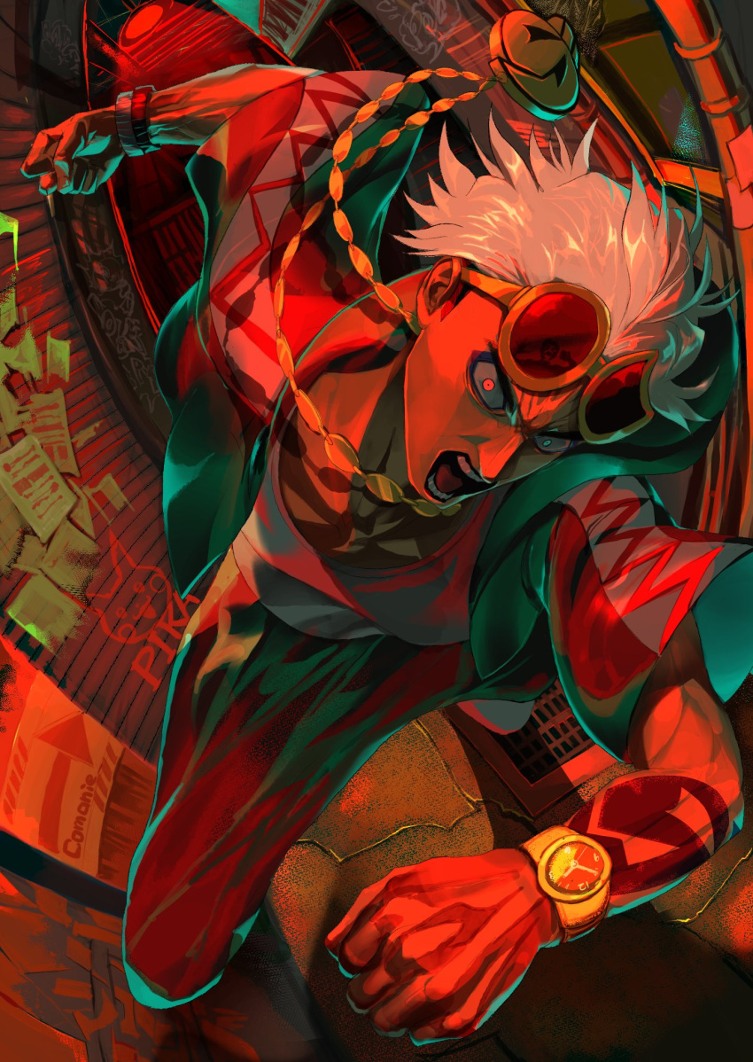 1boy alternate_eye_color arm_tattoo character_print clenched_hands comanie commentary_request eyewear_on_head gen_1_pokemon guzma_(pokemon) highres jacket jewelry male_focus necklace open_mouth orange_eyes pants pikachu pokemon pokemon_(game) pokemon_sm poster_(object) shiny shiny_hair shirt short_sleeves solo sunglasses tattoo team_skull teeth tongue watch watch white_hair yellow-framed_eyewear
