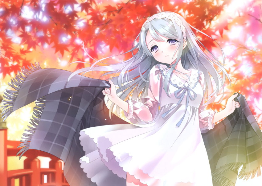 1girl absurdres blue_ribbon blush bow bridge carnelian cowboy_shot day dress hairband highres holding holding_shawl kantai_collection lace leaf long_hair long_sleeves looking_at_viewer maple_leaf outdoors purple_hair ribbon sagiri_(kancolle) see-through shawl silver_hair solo standing white_dress