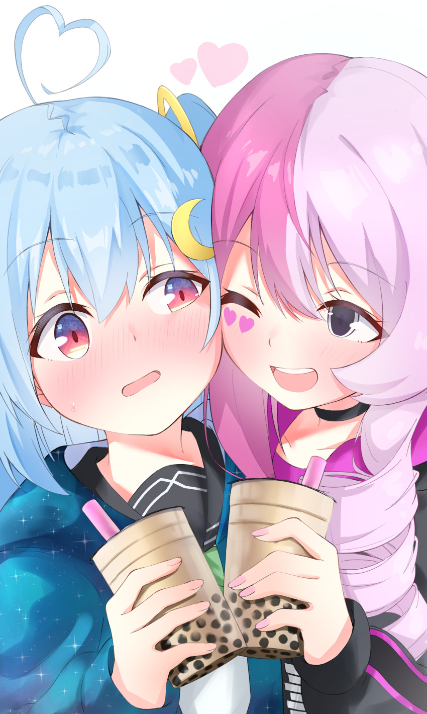 #compass 2girls absurdres ahoge blue_hair blush bubble_tea character_request cheek-to-cheek choker crescent crescent_hair_ornament cup drinking_straw eyebrows_visible_through_hair hair_ornament highres holding holding_cup kumapoi long_sleeves multicolored multicolored_eyes multiple_girls one_eye_closed open_mouth pink_hair smile teeth virtual_youtuber yuri