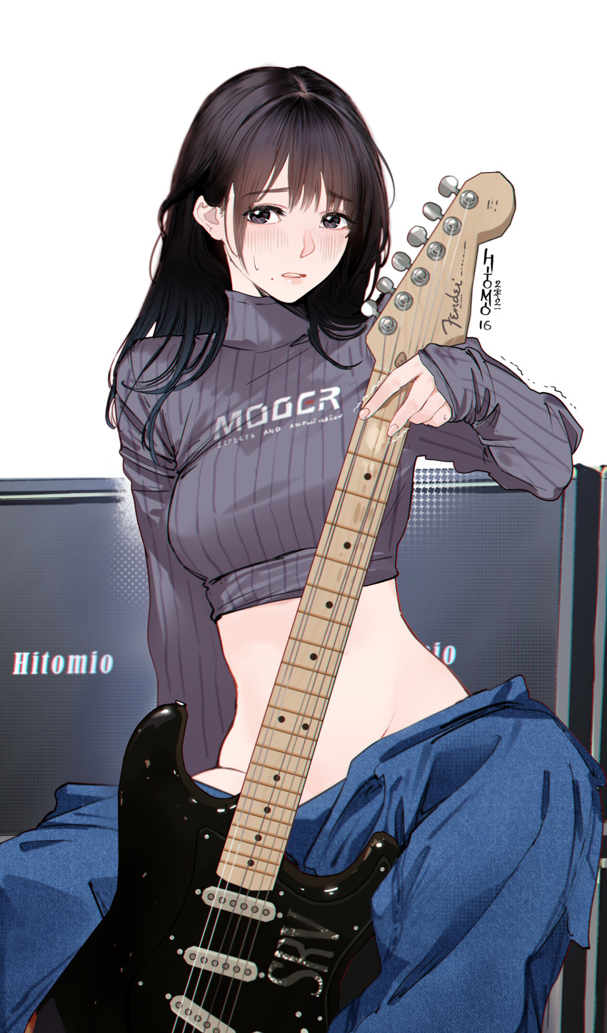 1girl absurdres artist_name brown_eyes brown_hair guitar guitar_little_sister_(hitomi_o) hair_between_eyes highres hitomi_o instrument long_hair long_sleeves looking_to_the_side midriff original pale_skin parted_lips simple_background sitting solo turtleneck white_background