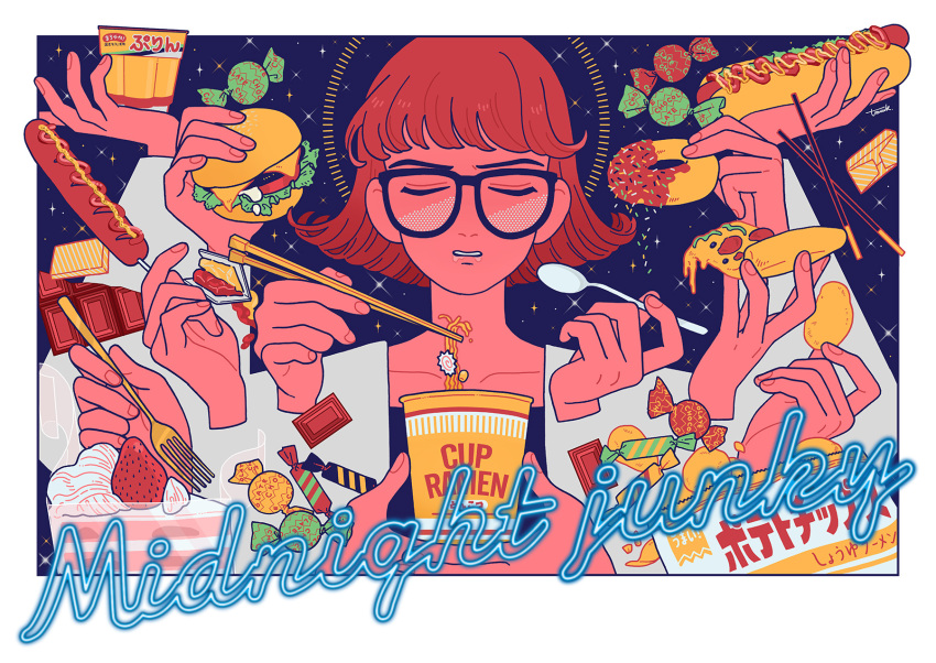 1girl bangs black-framed_eyewear brown_hair burger cake candy cheese chocolate chopsticks closed_eyes doughnut extra_hands food fruit glasses halftone highres holding holding_spoon hot_dog kk724 lettuce noodles original parted_lips ramen short_hair signature solo spoon strawberry tomato upper_body