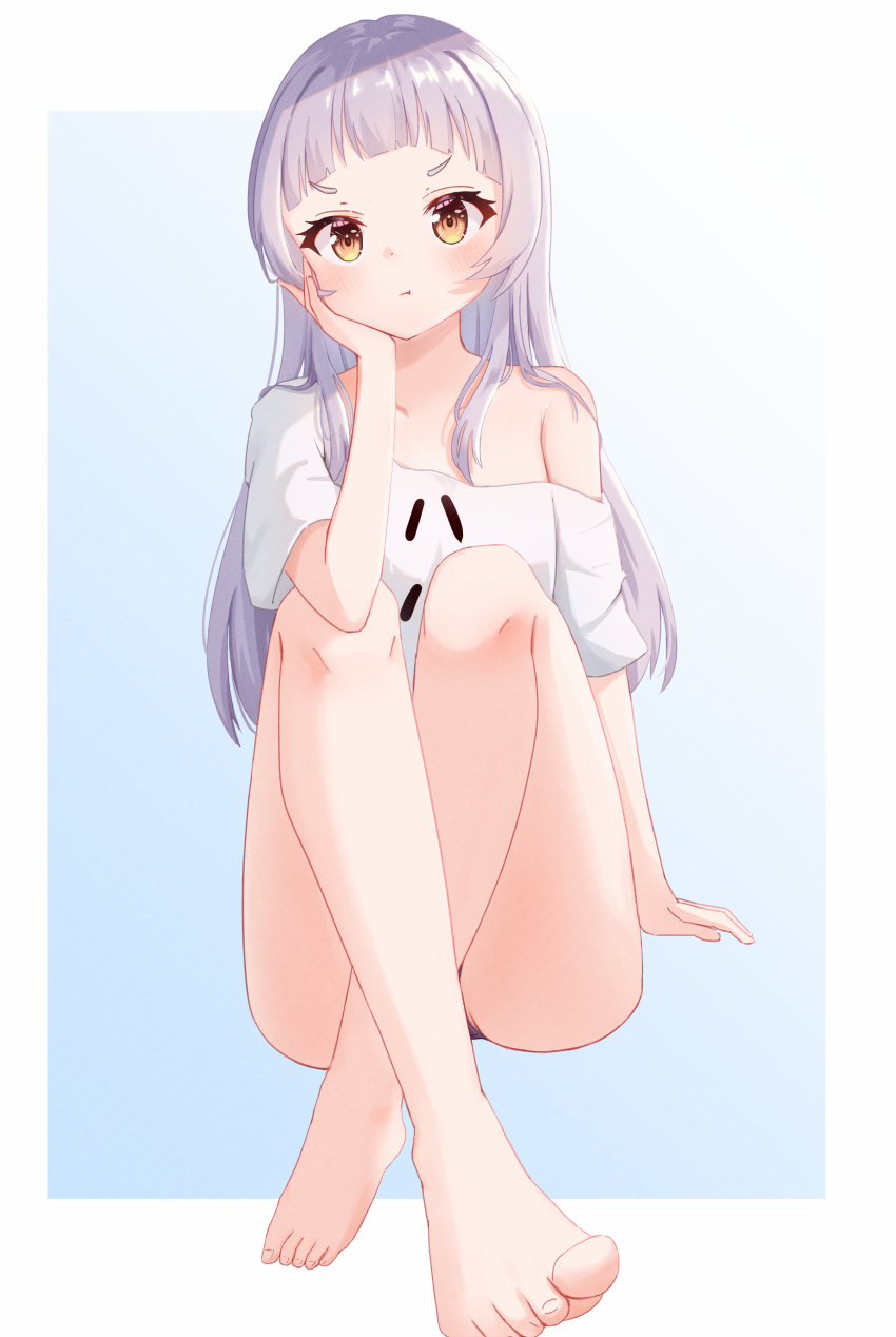 1girl :t absurdres bangs blunt_bangs blush commentary convenient_leg crossed_ankles elbow_rest flat_chest full_body hair_down hair_ribbon highres hololive icetea_(8862) long_hair looking_at_viewer murasaki_shion off_shoulder oversized_clothes oversized_shirt pout ribbon shirt short_eyebrows silver_hair single_bare_shoulder sitting solo t-shirt virtual_youtuber white_shirt yellow_eyes