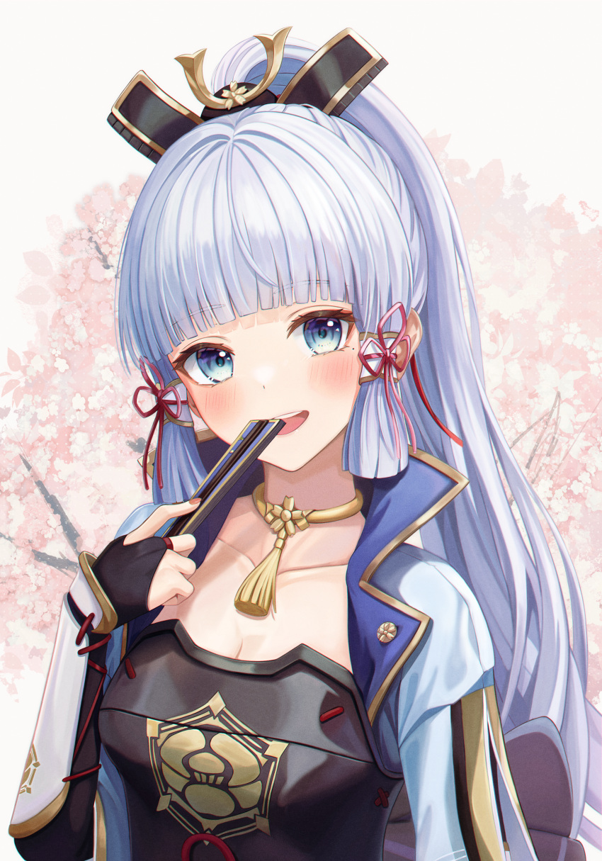 1girl :d absurdres armor bangs blue_eyes blunt_bangs blush breastplate breasts bridal_gauntlets cherry_blossoms collarbone eyebrows_visible_through_hair fan_to_mouth funii genshin_impact hair_ornament hair_ribbon hand_fan highres holding holding_fan japanese_clothes kamisato_ayaka long_hair looking_at_viewer medium_breasts mole mole_under_eye open_mouth ponytail ribbon sidelocks smile solo upper_body white_hair