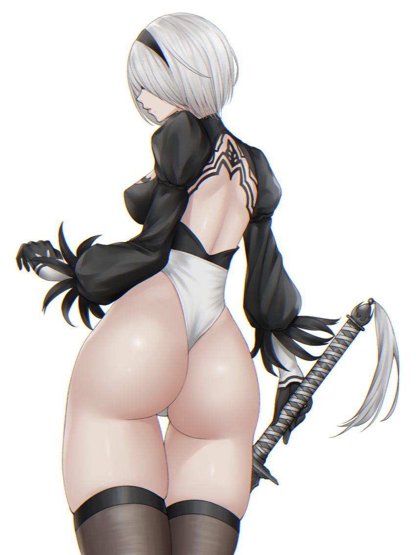 1girl ass bangs blindfold breasts closed_mouth commentary_request feather_trim from_behind gloves hair_ornament hairband highleg highleg_leotard highres holding holding_sword holding_weapon leotard lips long_sleeves medium_breasts mole mole_under_mouth nier_(series) nier_automata nyatokanyaru puffy_sleeves shiny shiny_skin short_hair simple_background solo sword thigh-highs thighs weapon white_background white_hair yorha_no._2_type_b