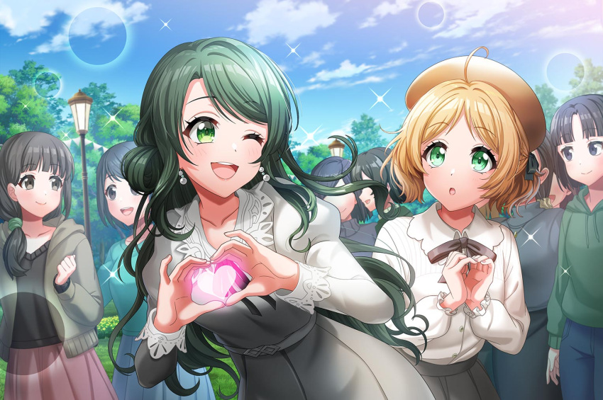 :d :o bent_over blonde_hair blush d4dj dress green_eyes green_hair heart long_hair medium_hair multiple_boys multiple_girls one_eye_closed open_mouth shimizu_esora short_hair skirt smile source_request twintails upper_teeth wink