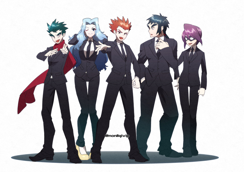 1girl 4boys :d ;) adjusting_neckwear alternate_costume black_footwear black_hair black_jacket black_neckwear black_pants blue_hair bruno_(pokemon) closed_mouth collared_shirt commentary_request domino_mask elite_four eyelashes green_hair grey_eyes hair_tie hand_up highres jacket karen_(pokemon) koga_(pokemon) lance_(pokemon) long_hair looking_at_viewer mask multiple_boys necktie one_eye_closed open_mouth outstretched_arm pants pigeon-toed pointing pokemon pokemon_(game) pokemon_hgss ponytail purple_hair shirt shoes short_hair smile spiky_hair standing tied_hair white_shirt will_(pokemon) yamanashi_taiki