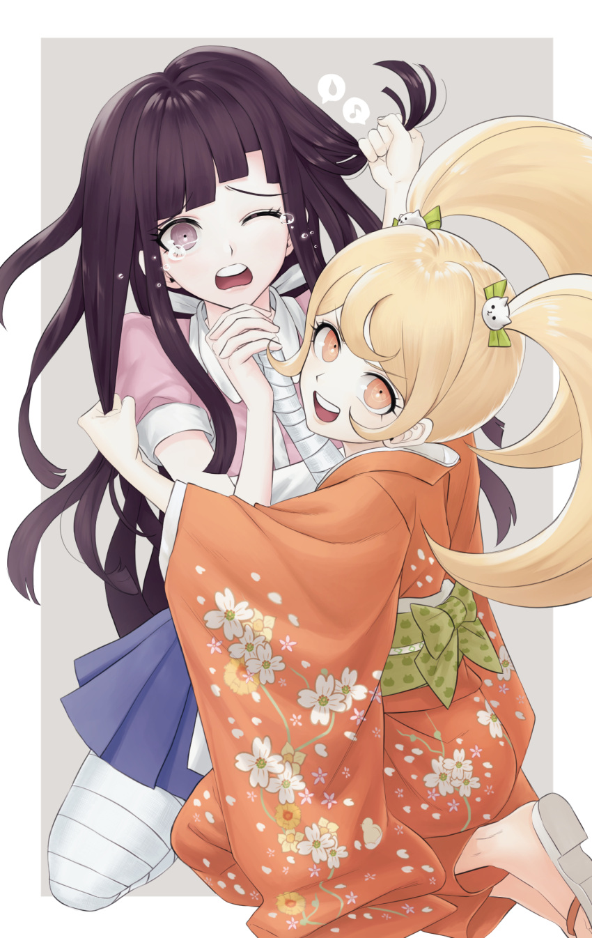 2girls :d apron bandaged_arm bandaged_leg bandages bangs black_hair blonde_hair bow bullying cat_hair_ornament commentary_request crying dangan_ronpa_(series) dangan_ronpa_2:_goodbye_despair furisode hair_bow hair_ornament hair_pull hands_clasped highres japanese_clothes kimono long_hair mole mole_under_eye multiple_girls obi one_eye_closed open_mouth own_hands_together pink_shirt puffy_short_sleeves puffy_sleeves saionji_hiyoko sash shirt short_sleeves skirt smile tearing_up tears tsumiki_mikan ttegi_(ddeck_dg) twintails upper_teeth white_apron