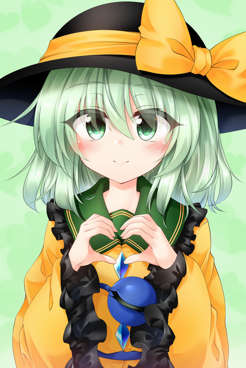 1girl bangs black_headwear blouse blush bow closed_mouth collar crystal eyebrows_visible_through_hair eyes_visible_through_hair frills green_background green_collar green_eyes green_hair hair_between_eyes hands_up hat hat_bow heart heart_hands highres komeiji_koishi long_sleeves looking_at_viewer marukyuu_ameya simple_background smile solo third_eye touhou wide_sleeves yellow_blouse yellow_bow yellow_sleeves