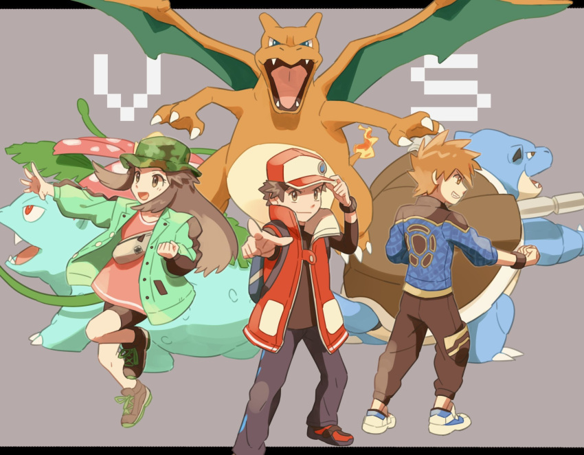 1girl 2boys :d bike_shorts blastoise blue_oak brown_eyes brown_hair brown_pants buttons camouflage camouflage_headwear charizard clenched_hand coat dress eyelashes floating_hair gen_1_pokemon green_coat grey_background hand_on_headwear hat highres jacket leaf_(pokemon) leg_up letterboxed long_hair long_sleeves looking_at_viewer multiple_boys open_clothes open_coat open_mouth outside_border outstretched_arm pants pink_dress pointing pokemon pokemon_(creature) pokemon_(game) pokemon_masters_ex red_(pokemon) red_coat shoes short_dress short_hair sidelocks sleeveless_coat smile sneakers spiky_hair standing tongue torinoko_(miiko_draw) venusaur wristband