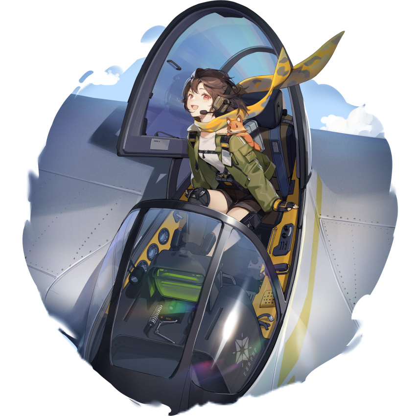 1girl :d aircraft airplane animal_on_shoulder breasts brown_hair brown_shorts cockpit earhart_(girls_frontline_nc) fingerless_gloves flying fox full_body girls_frontline girls_frontline_neural_cloud gloves green_jacket headset highres jacket kneehighs kneepits looking_at_viewer official_art open_clothes open_cockpit open_jacket open_mouth red_eyes scarf shirt short_hair shorts sitting sky small_breasts smile solo transparent_background white_shirt yellow_scarf