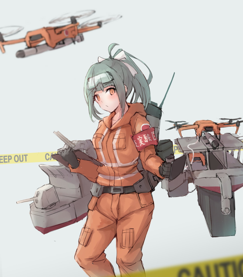 1girl absurdres alternate_costume black_gloves brown_eyes caution_tape clipboard drone gloves green_hair hair_ribbon highres k_jie kantai_collection keep_out long_hair looking_at_viewer machinery orange_jumpsuit ponytail remodel_(kantai_collection) ribbon solo white_ribbon yuubari_(kancolle)