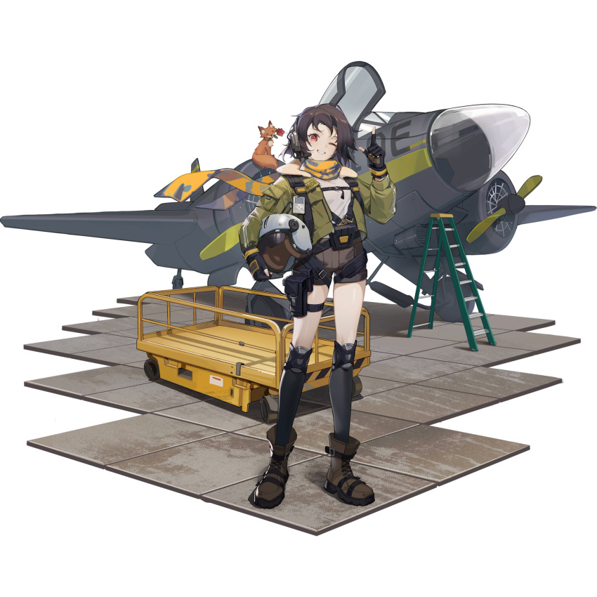 1girl aircraft airplane bomber_jacket boots breasts brown_footwear brown_hair brown_shorts earhart_(girls_frontline_nc) fingerless_gloves flower fox full_body girls_frontline girls_frontline_neural_cloud gloves green_jacket grin headset headwear_removed helmet helmet_removed highres jacket knee_pads kneehighs ladder looking_at_viewer mouth_hold official_art one_eye_closed open_clothes open_cockpit open_jacket pilot_helmet pointing red_eyes rose scarf shirt short_hair shorts small_breasts smile solo transparent_background white_shirt yellow_scarf